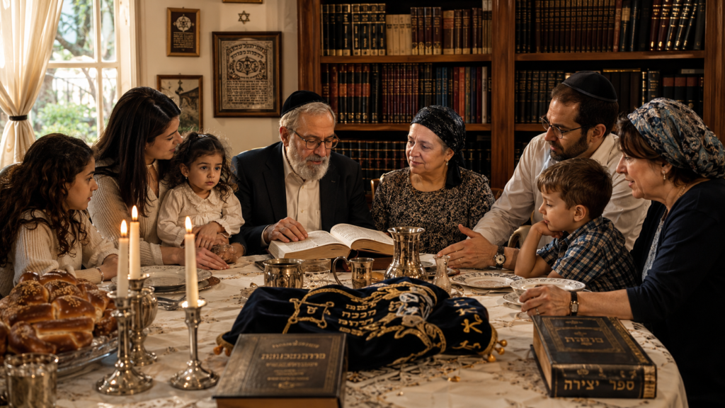 Família judaica reunida durante o Shabat representando religião, povo e tradição.