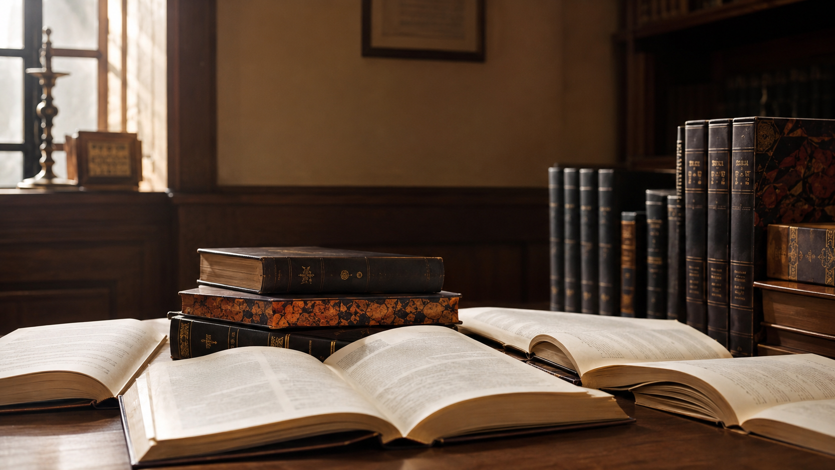 Livros judaicos abertos sobre uma mesa de estudo, representando a Torá, o Talmud e a tradição rabínica.