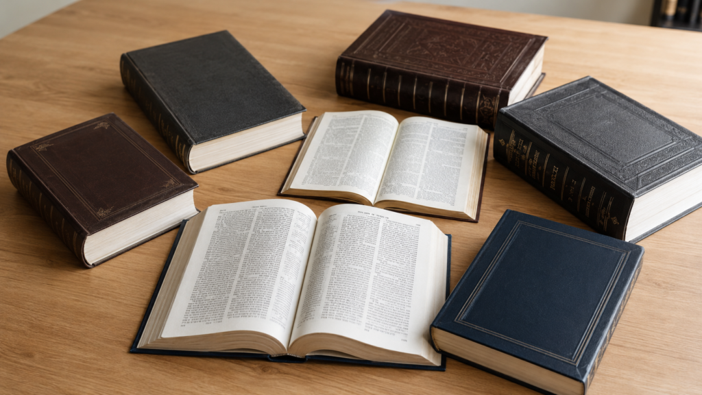 Livros judaicos organizados sobre uma mesa, simbolizando a Torá, o Tanach, o Talmud e os comentários rabínicos.