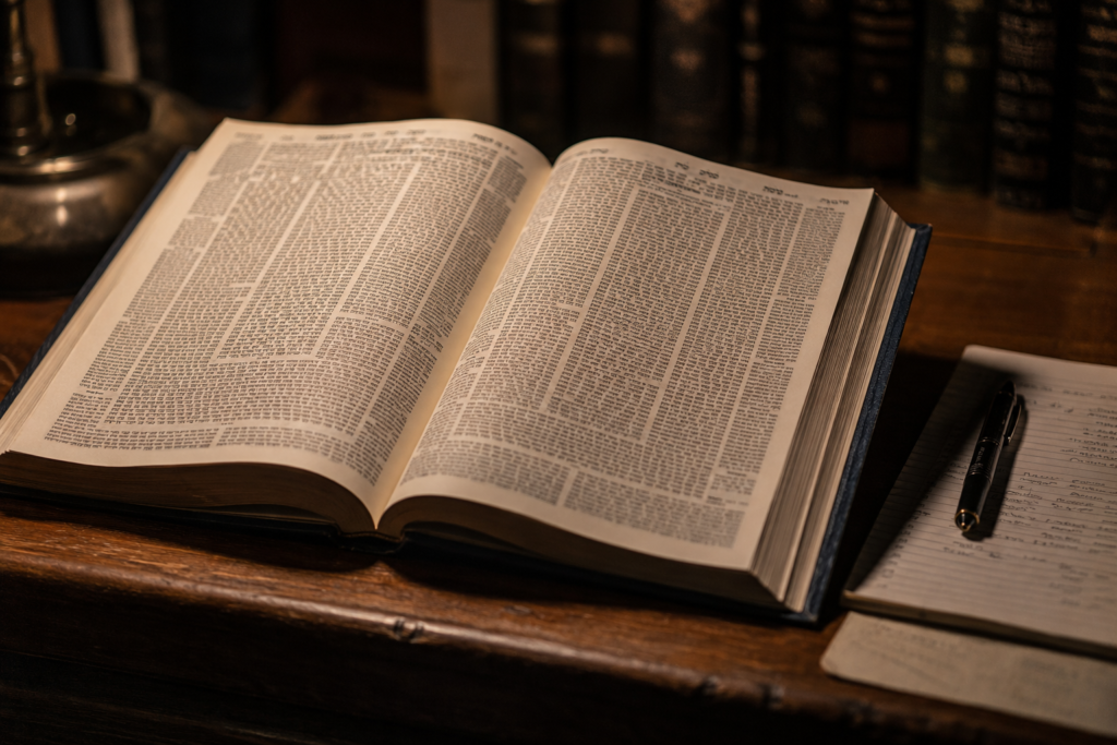 Volume talmúdico aberto com anotações ao lado, representando o estudo contextualizado do Talmud.