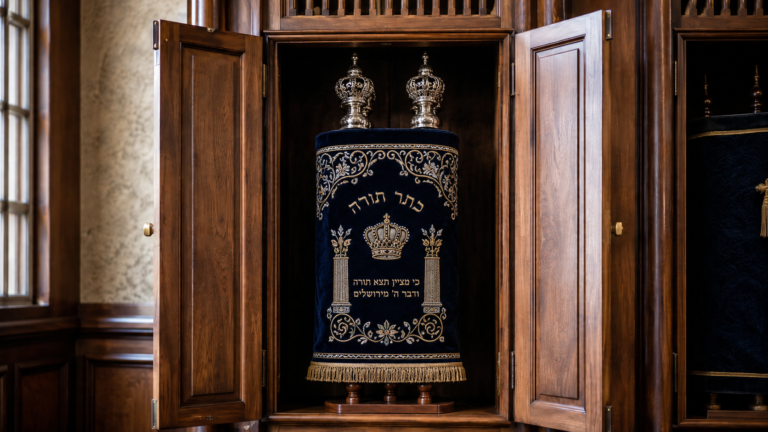 Sefer Torá fechado no Aron HaKodesh, representando o que é a Torá e seu lugar central na vida judaica.