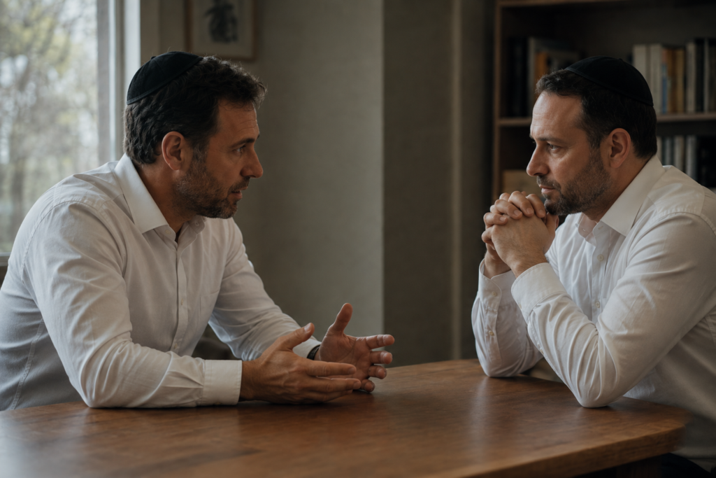 O que é teshuvá? Retorno, arrependimento e transformação no Judaísmo 2 O que é teshuvá - Duas pessoas em conversa reservada, com postura de escuta e reconhecimento, representando a reparação exigida pela teshuvá.